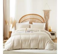 Covebett Housse de Couette 220x240 cm Beige Rayée Tuftée Broderie Bohème Parure de Lit 2 Personnes Adulte Shabby Chic Microfibre Linge de lit Avez Fermeture Éclair et 2 Taies d'oreiller 65x65cm