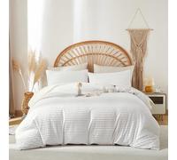 Covebett Housse de Couette 220x240 cm Blanc Rayée Tuftée Broderie Bohème Parure de Lit 2 Personnes Adulte Shabby Chic Microfibre Linge de lit Avez Fermeture Éclair et 2 Taies d'oreiller 65x65cm