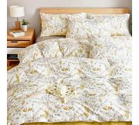 Covebett Housse de Couette 240x260 Coton Imprimée Motif De Feuilles Dorées Blanc Parure de Lit Botanique Fleurie Linge de Lit Réversible Adulte et 2 Taie Oreiller 65x65 cm avec Fermeture Éclair