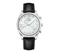 COVER Valentina CO207 Montre chrono pour femme avec bracelet en cuir ou bracelet en acier inoxydable avec verre saphir 5 ATM, Argenté/nacré/bracelet en cuir noir