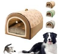 Covered Dog Bed - 2 in 1 Detachable Cat Bed with Ball Pendant, Washable and Comfortable Hideaway, Cozy Dog Beds with Cover Cave for Pets, Indoor Cats, Large Dogs (Brown,Medium)