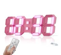 COVERY Horloge Murale 3D LED - Grands Nombres 15", Interrupteur Tactile - Chambre des Filles - Alarme, Température, Télécommande, Rose.
