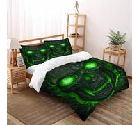 CoVeTviCT Skull Green Glow Housse De Couette 3 Pièces Thèmes Gothiques Imprimé De Couvre-Lit Microfibre pour Chambre À Coucher Doux Et Confortable avec 2 Taie d'oreiller Double（200x200cm）