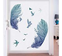 Covpaw® - Sticker mural XXL - Autocollant plume - Bleu - Pour décoration de salon et chambre à coucher
