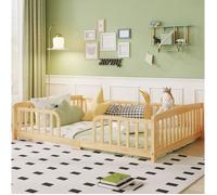 COVREO Lit au sol enfant 140 x 200 cm avec barrières de sécurité accès central pin massif naturel