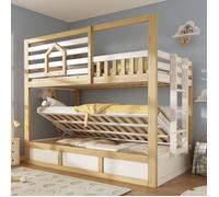 COVREO Lit superposé enfant 90x200 cm 2 couchages style cabane blanc et chêne avec rangement hydraulique