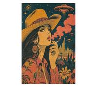 Cow-Girl avec OVNI Puzzle 1000 Pièces en Bois, Casse-Tête Complexe | Science-fiction rétro, Fleurs du désert, Art de l’affiche, Fabrication en Bois, Défi Difficile, Puzzle Familial