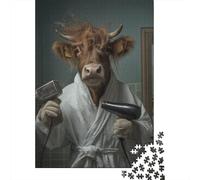 Cow in Bathrobe with Hair Dryer Puzzle 1000 Pieces Cadeau Unique Jeu Éducatif Défi Jouet À De Qualité Supérieure Peinture Art pour Adultes Et Enfants 52x38cm/1000pcs