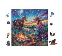 Cowboy and Cheval at Campfire 100 Pieces Casse-tête Débutant en Voitureton Épais Facile Apprentissage Loisir Créatif Activité Hommeuelle Décoration Murale Cadeau Saint Valentin 28x28cm