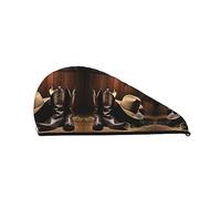 Cowboy Black Hat Western Boots Bath Shower Cap for Women, Coral Velvet Dry Hair Cap Absorbant Fast Drying Towels