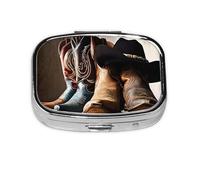 (Cowboy Black Hat Western Boots) Pilulier carré avec 2 compartiments Petit pilulier Portable Pilulier Conteneur de vitamines Essentiels de voyage 5,5 x 4 x 1,8 cm