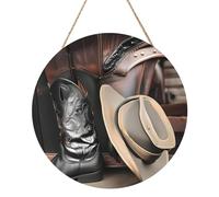 Cowboy Black Hat Western Boots Round Wood Panel Painting 30,5 cm Illustration exquise, bois respectueux de l'environnement, un choix élégant pour la décoration de la maison.