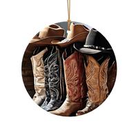 (Cowboy Chapeau noir bottes occidentales) 10 cm Arbre de Noël Ornements Pendentifs ronds en céramique Décoration de Noël pour roman