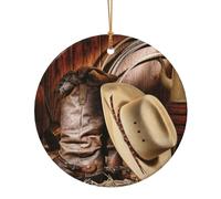 (Cowboy Chapeau noir bottes occidentales) Décoration de Noël ronde en céramique 9 cm Ornements de Noël pour roman
