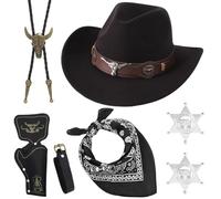 Cowboy Costume Accessoires Set, 7PCS Western Cowboy Déguisement Cosplay Costume Set avec Chapeau de Cowboys,Bandana,Étui,Collier,Ceinture,Badge Fancy Dress Deguisement pour Adulte Cosplay(Noir)