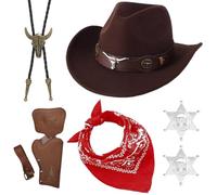 Cowboy Costume Accessoires Set, 7PCS Western Cowboy Déguisement Cosplay Costumes Set avec Chapeau de Cowboys,Bandana,Étui,Collier,Ceinture,Badge Fancy Dress Deguisement pour Adulte Cosplay(Marron)