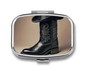 Cowboy Pilulier à 2 compartiments pour sac à main ou poche en métal Motif bottes occidentales Noir