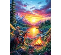 Cowboy près d'un feu de camp au coucher du soleil 1000 Pièces Puzzle Adulte En Carton Sans Déformation Rêve magique de science-fiction Très Difficile Haute Difficulté Anti-Stress Décoration Murale Idé