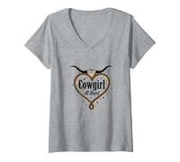 Cowgirl at Heart Western Rodeo Lasso Love Longhorn T-Shirt avec Col en V, Femme, Gris Chiné, XXL