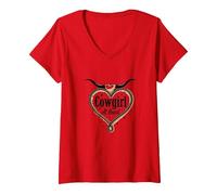 Cowgirl at Heart Western Rodeo Lasso Love Longhorn T-Shirt avec Col en V, Femme, Rouge, L