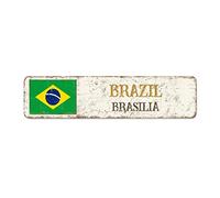 CowkissSign Plaque en métal avec drapeau du Brésil, capitale, Brasilia, rétro, vintage, souvenir de pays, drapeau national, plaque en métal de qualité pour chambre à coucher, cour, garage, jardin