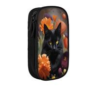COWMMWOC Grande trousse à crayons motif chat noir et fleur, grande capacité, sac de rangement multifonctionnel, tissu Oxford polyester durable avec double fermeture éclair, 21 x 10,5 x 5 cm, 3D