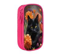 COWMMWOC Grande trousse à crayons motif chat noir et fleur, grande capacité, sac de rangement multifonctionnel, tissu Oxford polyester durable avec double fermeture éclair, 21 x 10,5 x 5 cm, 3D