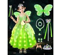 COYBTO Fée Clochette Costume Filles, LED Déguisement Princesse Fille, Fée Princesse Robe de Fee Verte avec Ailes, Lumineuse Fée Clochette Costume pour Enfants Fête Anniversaire Carnaval Halloween(120