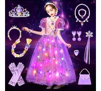 COYBTO Robe Princesse Fille, LED Belle Cendrillon Raiponce avec Perruque Couronne Princesse Lumineuse, Deguisement Princesse Belle pour Cadeau Fille, Robe de Princesse Belle pour Carnaval