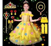 COYBTO Robe Princesse Fille, LED Belle Cendrillon Raiponce avec Perruque Couronne Princesse Lumineuse, Deguisement Princesse Belle pour Cadeau Fille, Robe de Princesse Belle pour Carnaval