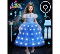 COYBTO Robe Princesse Fille, LED Belle Cendrillon Raiponce avec Perruque Couronne Princesse Lumineuse, Deguisement Princesse Belle pour Cadeau Fille, Robe de Princesse Belle pour Carnaval