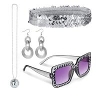 Coynurex Lot de 4 accessoires de costume disco des années 70 - Lunettes de soleil rétro, boucles d'oreilles, collier boule miroir et bandeau pour femme