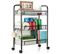 Cozary Chariot de Rangement à 3 Niveaux, Métal Chariot Utilitaire Roulant, Chariots Cuisine, Panier en Maille, avec Crochet, 2 Freins, Montage Facile, pour Cuisine, Salle Bain, 27 x 45 x 65 cm, Noir