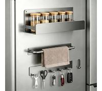 Cozary Lot de 4 Ensemble d'Étagères Magnétiques pour Réfrigérateur, Support à Épices + Barre à Serviettes + Crochets, Organisateur de Cuisine sans Percussion