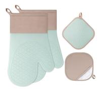 Cozary Lot de 4 Gants de Cuisine, 1 Paire Gants de Cuisine avec 2 Maniques Cuisine, Antidérapants Silicone Gant Cuisine Anti Chaleur pour BBQ, Cuisson au Four, Cheminée - Vert Clair