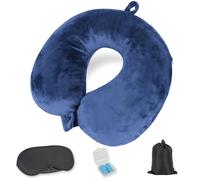 Cozary Oreiller De Voyage Gonflable, Coussin de Voyage, Pliable et Portable, avec Masque pour Dormir, Bouchons d’Oreilles, Sac Transport, Applicable aux Avions, aux Voitures et aux Bureaux-Bleu