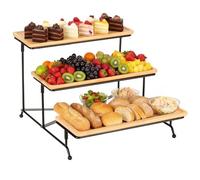 Cozary Plateau Repas 3 Étages, Plateau De Service Bois 28.9x12.5x1.2cm, Support Gateau, Support en Métal Noir, Plats Et Plateaux, Presentoir a Gateau, pour Buffet/Desserts/Fruits