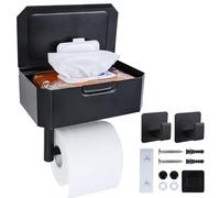 Cozary Porte Papier Toilette Mural, Support Papier Toilette sans Perçage,Autoadhésif,Porte Rouleau Papier Toilettes avec Étagères et Boîte à Lingettes Humides pour Salle de Bain,Acier Inoxydable,Noir