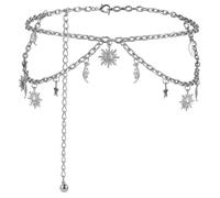 COZERI Ceintures en chaîne argentée pour femme - Chaîne de taille double couche en métal avec décoration soleil, lune, étoile, ceinture d'encre réglable pour robe, jean, fête de Noël, soirée, banquet