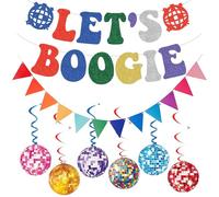 COZERI Kit de décorations de fête disco rétro - Bannière Let's Boogie + fanions triangulaires + 6 spirales à paillettes + décoration de boule disco, idéal pour anniversaire, danse et festival en plein