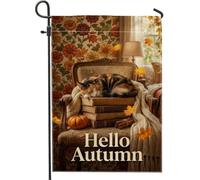 Cozy Autumn Cat And Books Drapeau de jardin Calico 30,5 x 45,7 cm | Chat calicot, drapeau de pelouse, pile de livres, citrouilles, feuilles tombantes, papier peint floral chaud