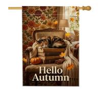 Cozy Autumn Cat And Books Drapeau de maison Calico 71,1 x 101,6 cm | Chat calicot, drapeau de pelouse, pile de livres, citrouilles, feuilles tombantes, papier peint floral chaud