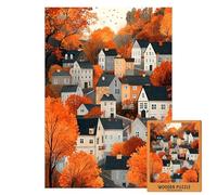 Cozy Autumn Village Puzzle - Fall Forest Scene with Scandinavian Houses, Warm Orange Leaves, Wooden Artistic Jigsaw, Premium Laser Cut (M-100PIECES)