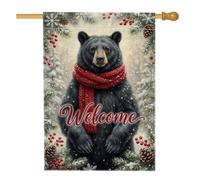 Cozy Black Bear Drapeau de maison de Noël avec citation de bienvenue 71,1 x | Écharpe tricotée rouge, drapeau de pelouse, branches de pin, baies de houx, flocons de neige, thème forêt rustique