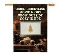 Cozy Cabin Movie Night Citation Cinéma Écran de Noël 71,1 x 101,6 cm | Thème cabine rustique, drapeau de cour, citation de nuit de film d'hiver, cacao chaud et pop-corn, atmosphère d'hiver