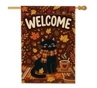 Cozy Cat Drapeau de bienvenue d'automne 71,1 x 101,6 cm | Écharpe à carreaux, drapeau de pelouse, tasse à café, feuilles tombées, décoration extérieure saisonnière