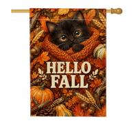 Cozy Cat Drapeau de maison avec citation de récolte d'automne 71,1 x 101,6 | Chat portant une écharpe, un drapeau de cour, des citrouilles orange et du blé, décoration de saison des récoltes