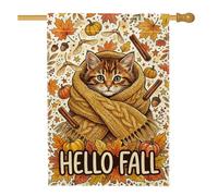 Cozy Cat Drapeau de maison tigré avec citation d'automne 71 x 101 cm | Chat tigré dans une écharpe, drapeau de pelouse, thème récolte d'automne, décoration de jardin saisonnière