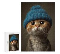Cozy Cat in Blue Hat Jeu D’Assemblage en Bois, 300 PCS - Projet Puzzle du W nd; pour Les Couples, Amis Et Familles