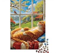 Cozy Cat Window View Puzzles 1000 Pieces Cadeau Unique Jeu Éducatif Défi Jouet À De Qualité Supérieure Peinture Art pour Adultes Et Enfants À Partir De 12 Ans 70x50cm/1000pcs